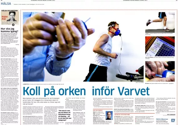 En man springer på ett löpband med en mask för ett medicinskt test. Händerna justerar utrustningen. Text och bilder illustrerar en fitnessartikel på sidan.