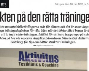 Tidningsartikel med titeln "Jakten på den rätta träningen" med text om mountainbike och ett foto av en "Aktivitus Testklinik & Coaching"-skylt.