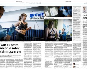 Tidningssida som visar en kvinnlig idrottare på ett löpband på ett testcenter, personal som hjälper till. Innehåller text och mindre relaterade bilder om sport och hälsa.