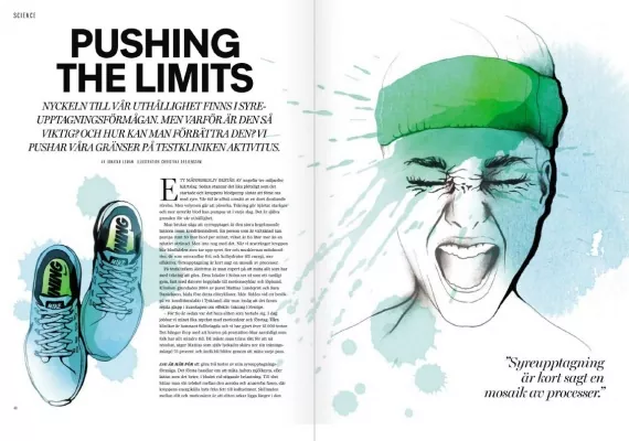 Tidningslayout med titeln "Pushing the Limits", med en akvarellillustration av en person i ett pannband med slutna ögon och ett par atletiska skor. Texten är på svenska.