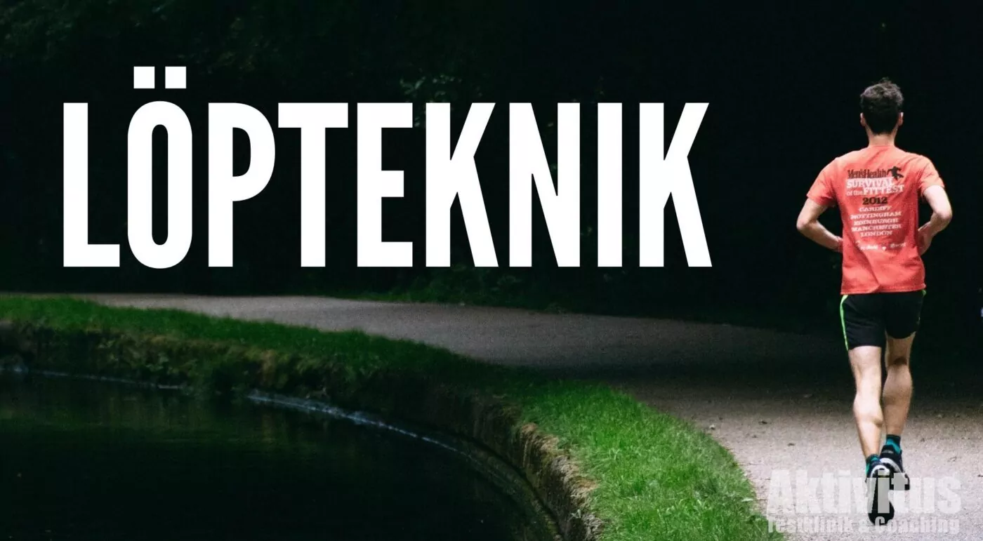 Man joggar på en krökt stig i en park med ordet "Löpteknik" i stor text ovanför sig.
