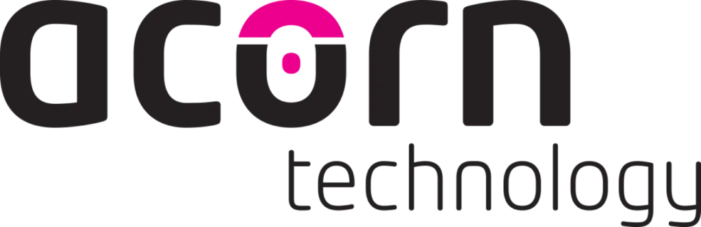 Logotyp för Acorn Technology med stiliserad gemen "ekollon" text med en rosa halvcirkel i "o" och "technology" nedan.