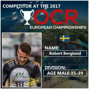 Man i atletisk utrustning, märkt som tävlande vid 2017 OCR European Championships, divisionsåldern man 35-39 år, med en svensk flagga. - Aktivitus Man i atletisk utrustning, märkt som tävlande vid 2017 OCR European Championships, divisionsåldern man 35-39 år, med en svensk flagga.