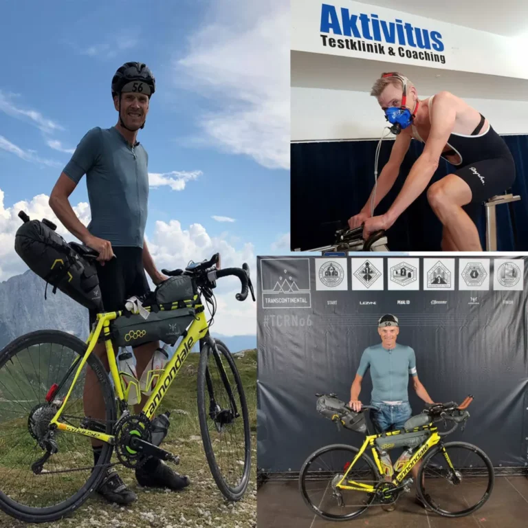 Tre bilder visar en cyklist med en gul cykel utomhus, i ett labb med andningsmask och poserar inomhus med cykeln framför en Transcontinental Race-bakgrund.
