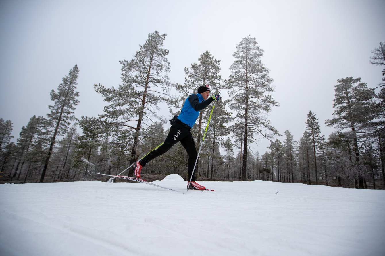 Person som åker längdskidåkning på ett snötäckt spår i ett skogsområde med höga träd under en mulen himmel.