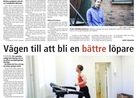 En tidningssida med artiklar och bilder, inklusive en person som joggar på ett löpband inomhus och en annan person som poserar utomhus vid en tegelvägg.