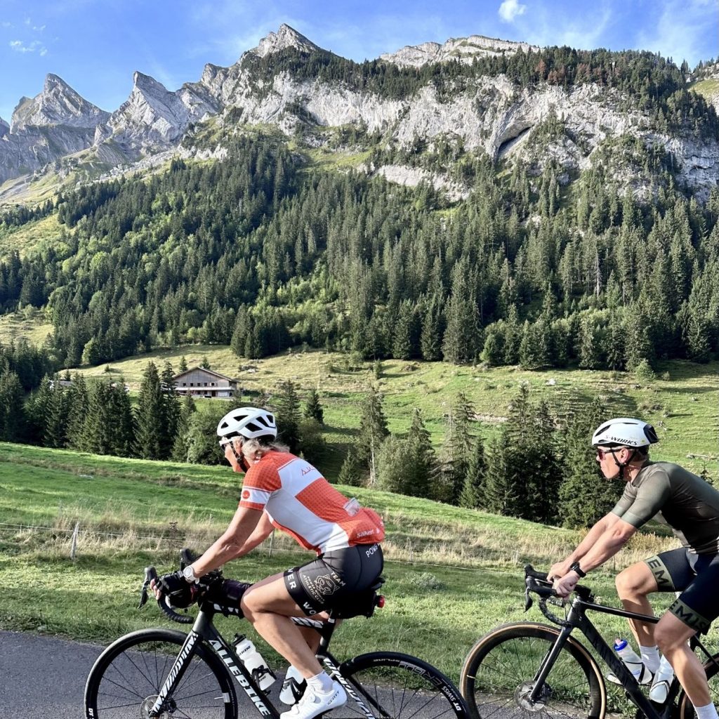 Two cyclists ride along a rural road with a green meadow, dense pine forest, and rugged alpine peaks under a blue sky behind them.