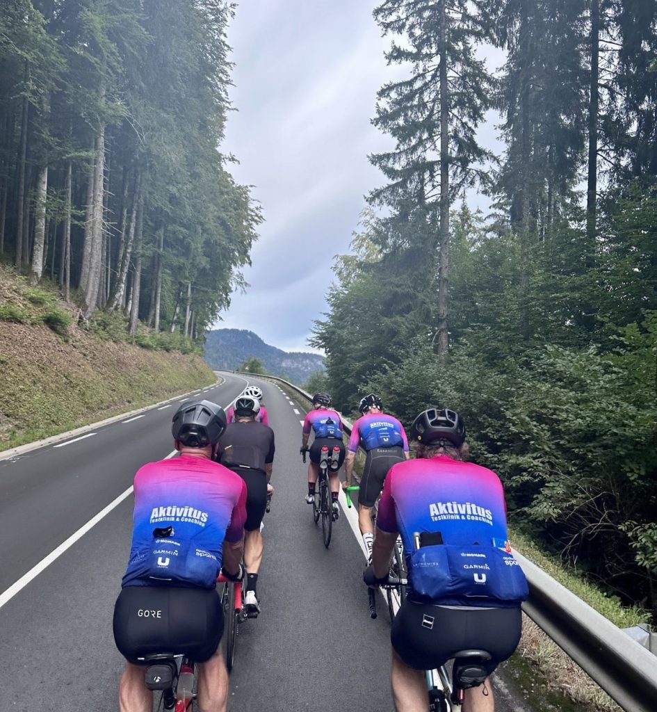 Group of cyclists in matching pink-blue jerseys ride on a winding forest road with tall trees on both sides.