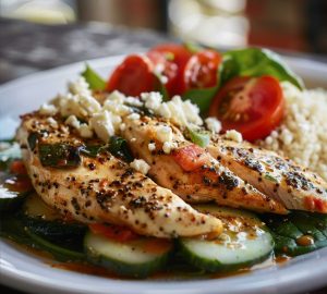 Grilled chicken with feta crumbles and sesame seeds, served with tomato slices and cucumber on a plate.