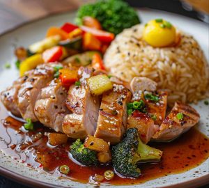 Sliced roasted chicken with sesame in a red glaze, plated with broccoli, bell peppers, and a mound of fried rice.